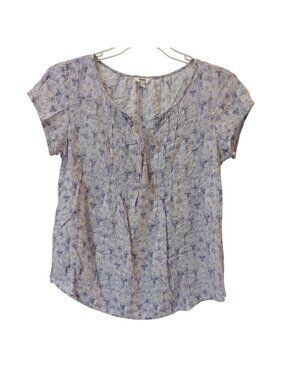 Sonoma Womens Small Purple White 100% Rayon Short Sleeve Blouse Tassel Tie #D-27